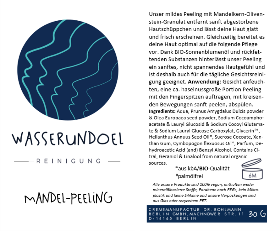 Produktinformationen, Anwendungshinweise und Inhaltsstoffe für das Peeling Mandel-Olive von wasserundoel