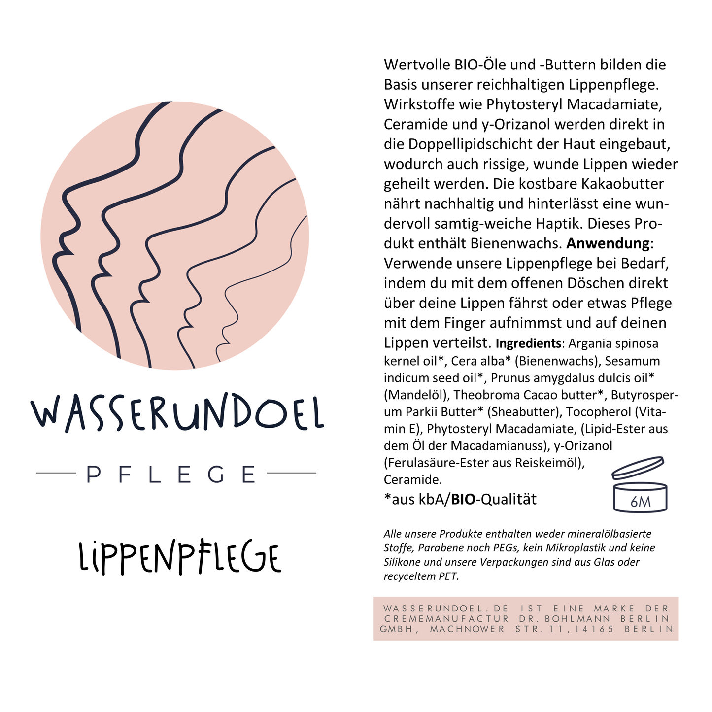 Produktkärtchen mit Inhaltsstoffangaben und Anwendungshinweisen für die Lippenpflege von wasserundoel