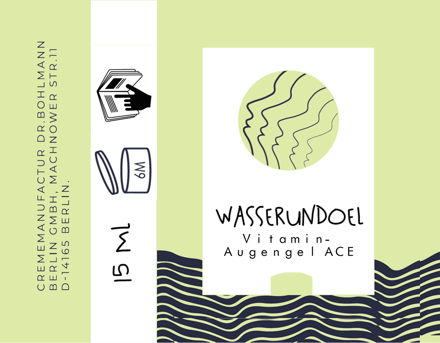 Originaletikett des Augengels von wasserundöl mit den Angaben 15 ml Inhalt und 6 Monate Haltbarkeit sowie der Herstelleradresse