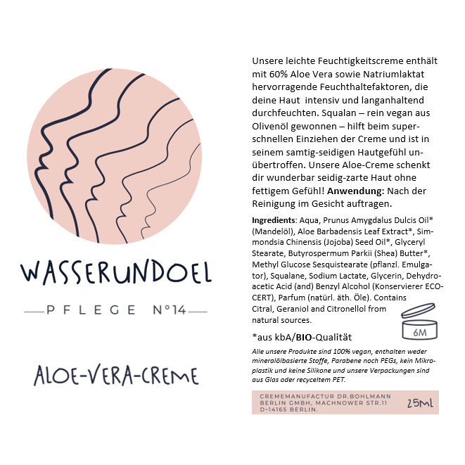 Produktinformationen, Anwendungshinweise und Inhaltsstoffe der feuchtigkeitsspendenden Aloe-Vera-Creme von wasserundoel