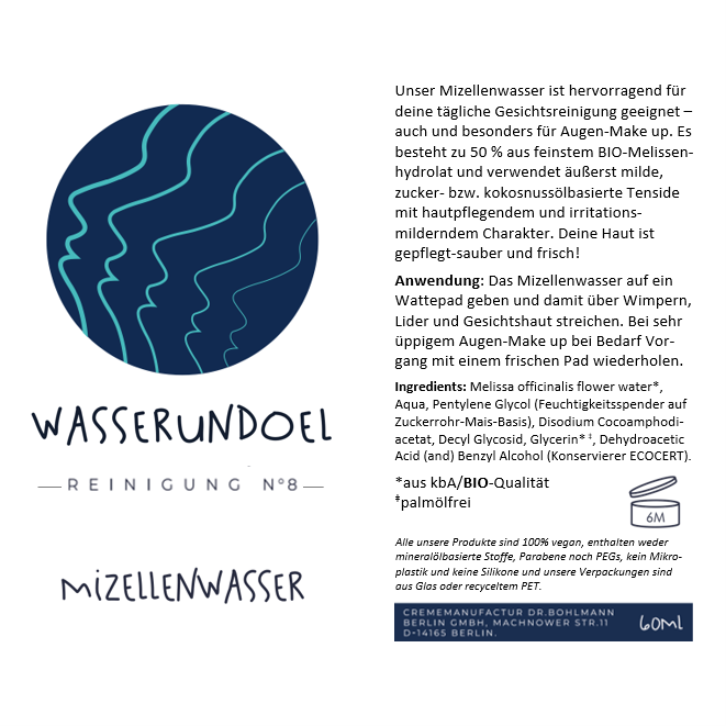 Produktinformationen, Anwendungshinweise und Inhaltsstoffe des milden Mizellenwassers Melisse von wasserundoel