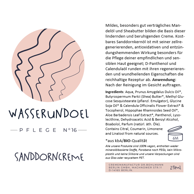 Produktinformationen, Anwendungshinweise und Inhaltsstoffe der milden und pflegenden Sanddorncreme von wasserundoel