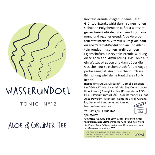 Produktinformationen, Anwendungshinweise und Inhaltsstoffe des Tonics Aloe und grüner Tee von wasserundoel